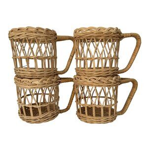Set of Four Vintage Wicker Glass Holders with Handle: Woven Mugs, Planters